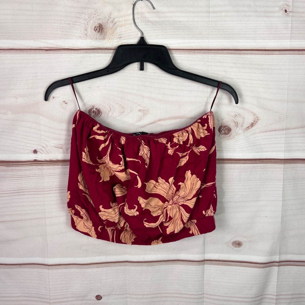 Express Top Womens Small Red Orange Floral Tube Strapless Cropped Cotton Knit‎